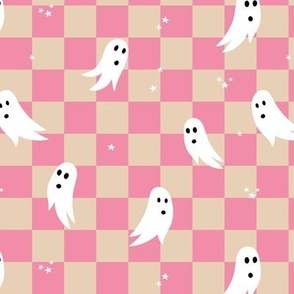 Spooky halloween ghosts and stars on checkerboard adorable kawaii baby nineties trend nursery design sand pink