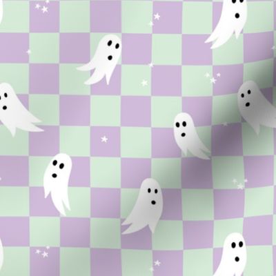 Spooky halloween ghosts and stars on checkerboard adorable kawaii baby nineties trend nursery design lilac mint