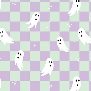 Spooky halloween ghosts and stars on checkerboard adorable kawaii baby nineties trend nursery design lilac mint