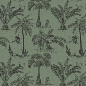 MONKEYS AND PALMS - BLACK ON FADED SAGE GREEN FABRIC 