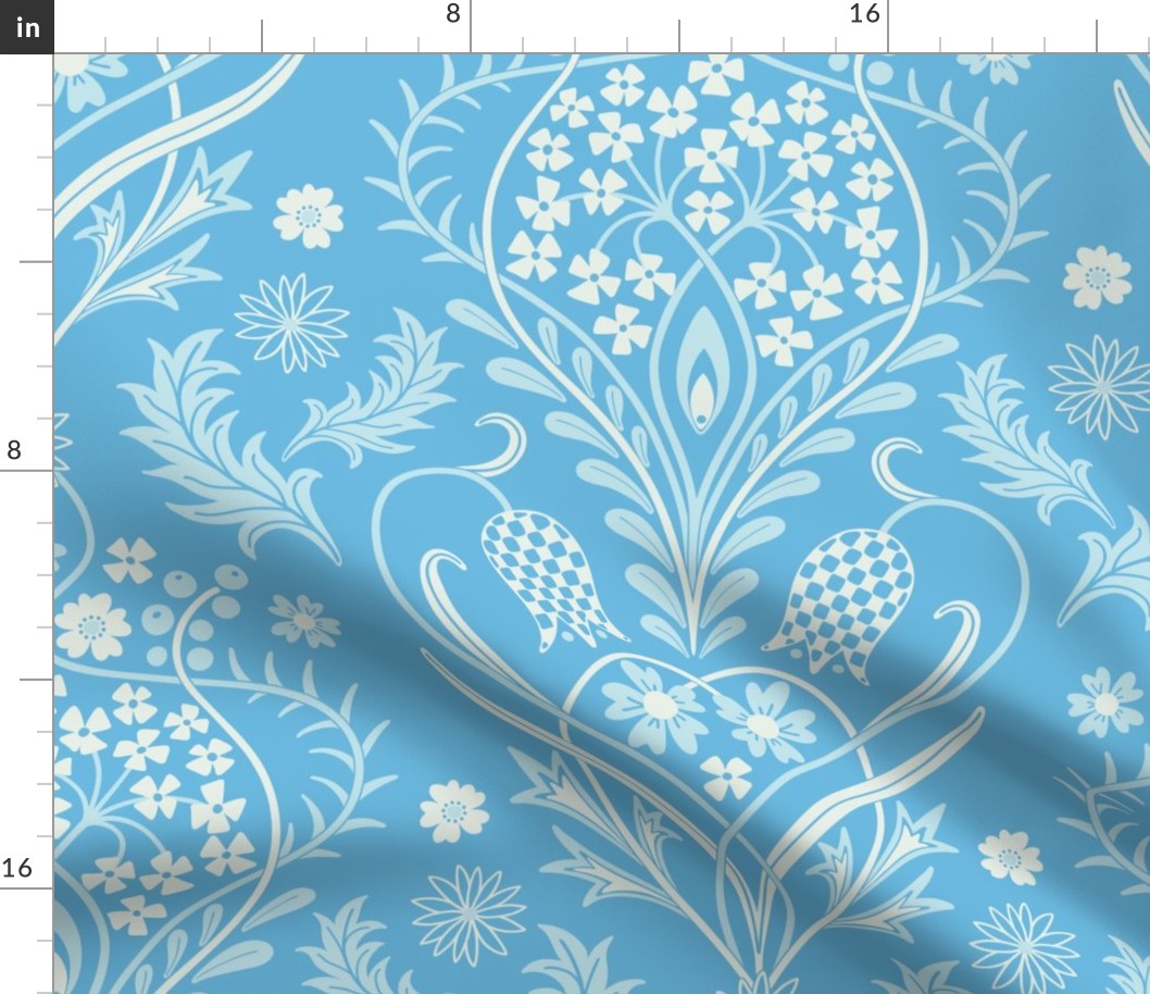 Art Nouveau fritillary acanthus damask XL wallpaper scale custom blue off-white by Pippa Shaw
