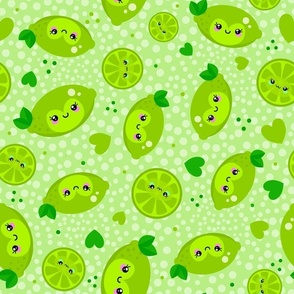 Large Scale Green Lime Cute Kawaii Faces Slices and Hearts
