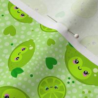 Medium Scale Green Lime Cute Kawaii Faces Slices and Hearts