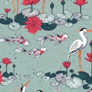 10.5" calm lake green and red  | crane water lilies and koi fishes | KOI collection
