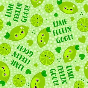 Large Scale Lime Feelin' Good Cute Kawaii Faces Green Citrus Slices and Hearts