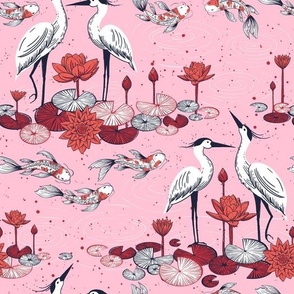 10.5" pink lake | crane water lilies and koi fishes | KOI collection