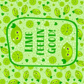Large 27x18 Fat Quarter Panel Lime Feelin' Good Kawaii Fruit Faces for Tea Towel or Wall Hanging
