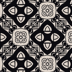 Two-Color Geometric Moroccan Tile, Jumbo Scale - Black & Ecru