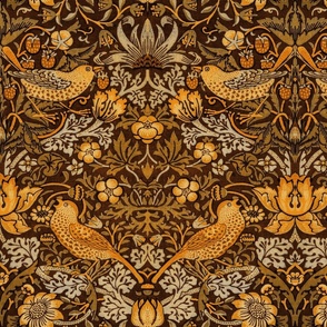 Strawberry Thief by William Morris - LARGE - gold brown Antiqued art nouveau art deco canvas fabric background