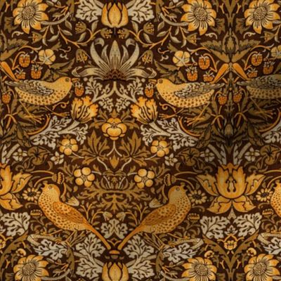 Strawberry Thief by William Morris - SMALL - gold brown Antiqued art nouveau art deco canvas fabric background