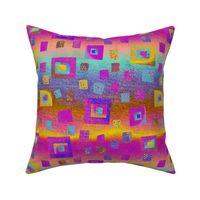 Vibrant floating squares on ombre rainbow colours ; pink, aqua, yellow with sand texture