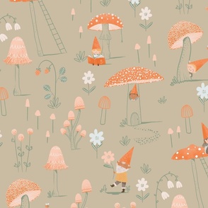 Cute Mushrooms and Gnomes Tan