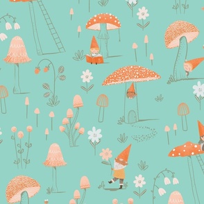 Cute mushrooms and gnomes green Teal