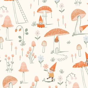 Cute Mushrooms and Gnomes Pink Linen 