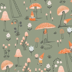 Cute mushrooms and gnomes artichoke green