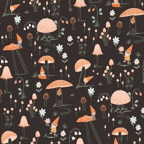 Small Cute mushrooms and gnomes Brown taupe 