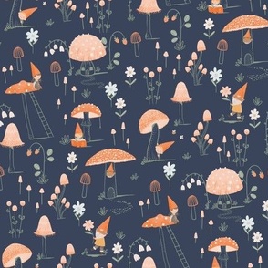 Small Cute Mushrooms and gnomes Navy