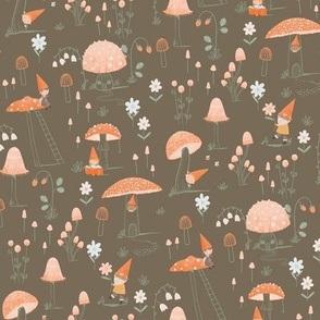 Small Cute mushrooms and gnomes Taupe browm