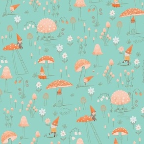 Small Cute Mushrooms and gnomes Teal