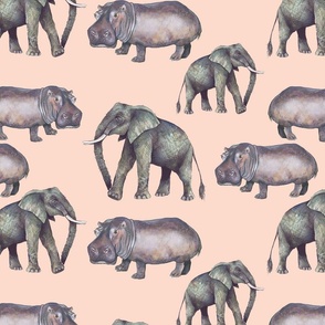 Hippos and Elephants on Pink (large)