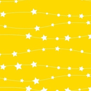 Stars Pattern Wavy Stripes Yellow and White Night Sky, Galaxy Fabric, Cute Baby Fabric, Lemon Yellow