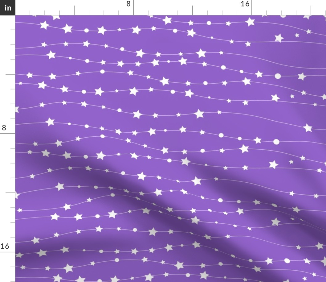 Stars Pattern Wavy Stripes Purple and White Night Sky, Galaxy Fabric, Cute Girls Fabric