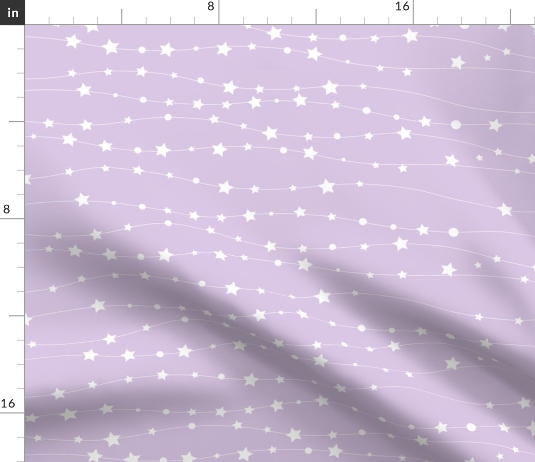 Stars Pattern Wavy Stripes Light Purple and White Night Sky, Galaxy Fabric, Cute Baby Girl Fabric, Lavender