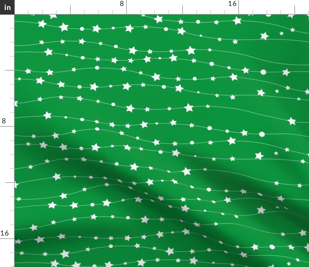 Stars Pattern Wavy Stripes Green and White Night Sky, Galaxy Fabric