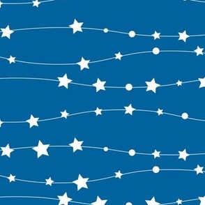 Stars Pattern Wavy Stripes Blue and White Night Sky, Galaxy Fabric