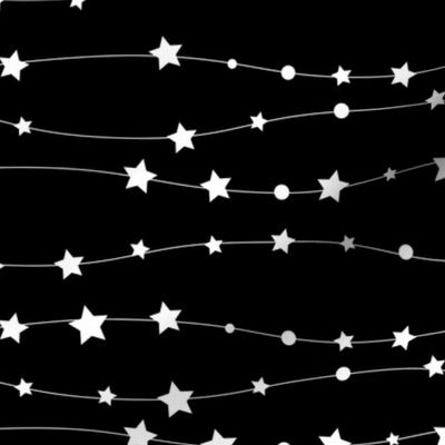 Stars Pattern Wavy Stripes Black and White Night Sky, Galaxy Fabric
