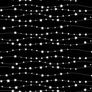 Stars Pattern Wavy Stripes Black and White Night Sky, Galaxy Fabric