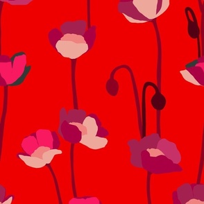 Poppies - shades of pink and purple on red - medium