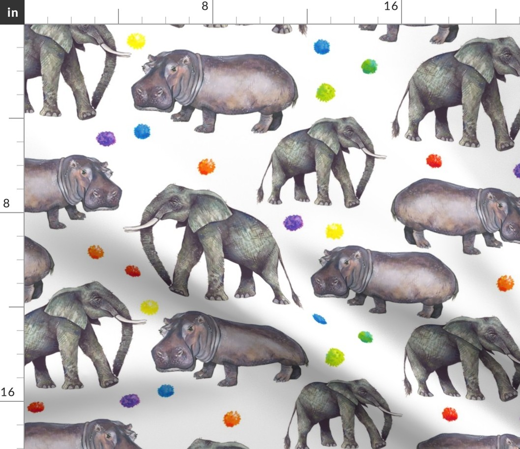 Hippos and Elephants and Pom-Poms on White (large)