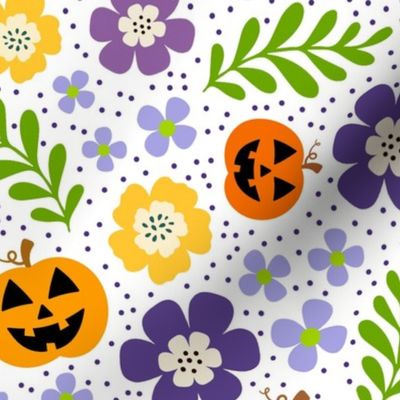 Large Scale Colorful Jackolantern Pumpkin Floral on White