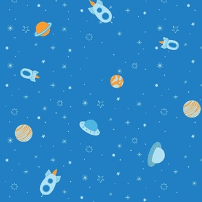 Outer Space full of planets, rockets and alien saucers