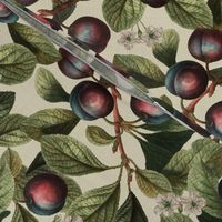 14" Nostalgic Plum Kitchen Wallpaper, Vintage Plums Fabric, Fall Home Decor, linen texture soft beige