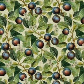 14" Nostalgic Plum Kitchen Wallpaper, Vintage Plums Fabric, Fall Home Decor, linen texture soft sage