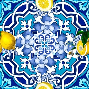 Mosaic,majolica,blue,Mediterranean tiles,lemons 