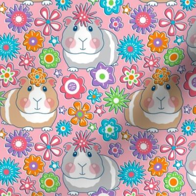 large guinea pigs with retro flowers on pink