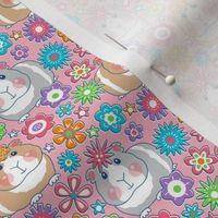 small guinea pigs with retro flowers on pink