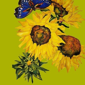 106c.  LARGE Blue Butterfly and Sunflowers on Olive Green