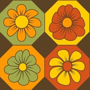 Colorful 70s Retro Flower Hexagon Geometric // Red-Orange, Orange, Yellow, Green and Dark Brown // 858 DPI