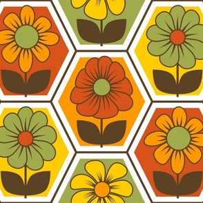 70s Retro Flower Hexagon Geometric // Red-Orange, Orange, Yellow, Green and Dark Brown // V1 // 515 DPI