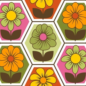 Multicolor 70s Retro Flower Hexagon Geometric // Red-Orange, Orange, Yellow, Green and Dark Brown // V2 // 515 DPI