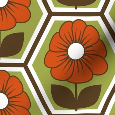 70s Retro Flower Hexagon Geometric // Red-Orange, Green, Dark Brown, White // V1 // 515 DPI