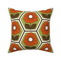 70s Retro Flower Hexagon Geometric // Red-Orange, Green, Dark Brown, White // V1 // 515 DPI