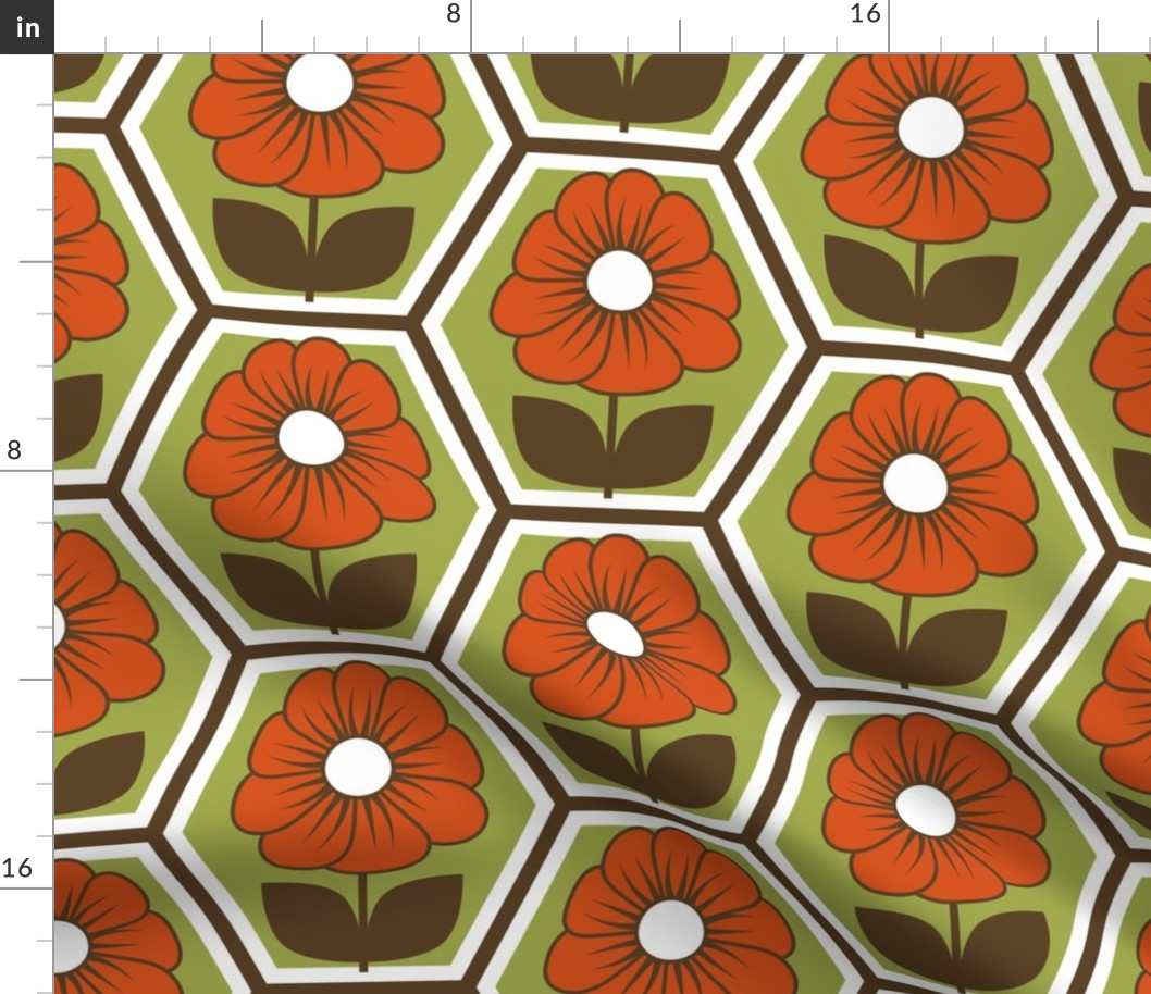 70s Retro Flower Hexagon Geometric // Red-Orange, Green, Dark Brown, White // V1 // 515 DPI