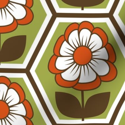 70s Retro Flower Hexagon Geometric // Red-Orange, Green, Dark Brown, White // V3 // 515 DPI