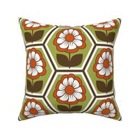 70s Retro Flower Hexagon Geometric // Red-Orange, Green, Dark Brown, White // V3 // 515 DPI