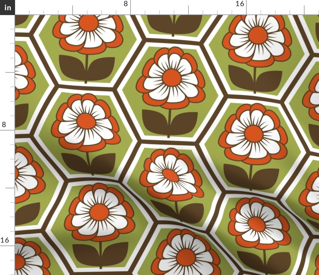 70s Retro Flower Hexagon Geometric // Red-Orange, Green, Dark Brown, White // V3 // 515 DPI